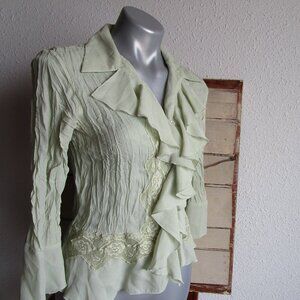 Allison Taylor light green blouse with lace and ruffles. Size small 3/4 sleeve
